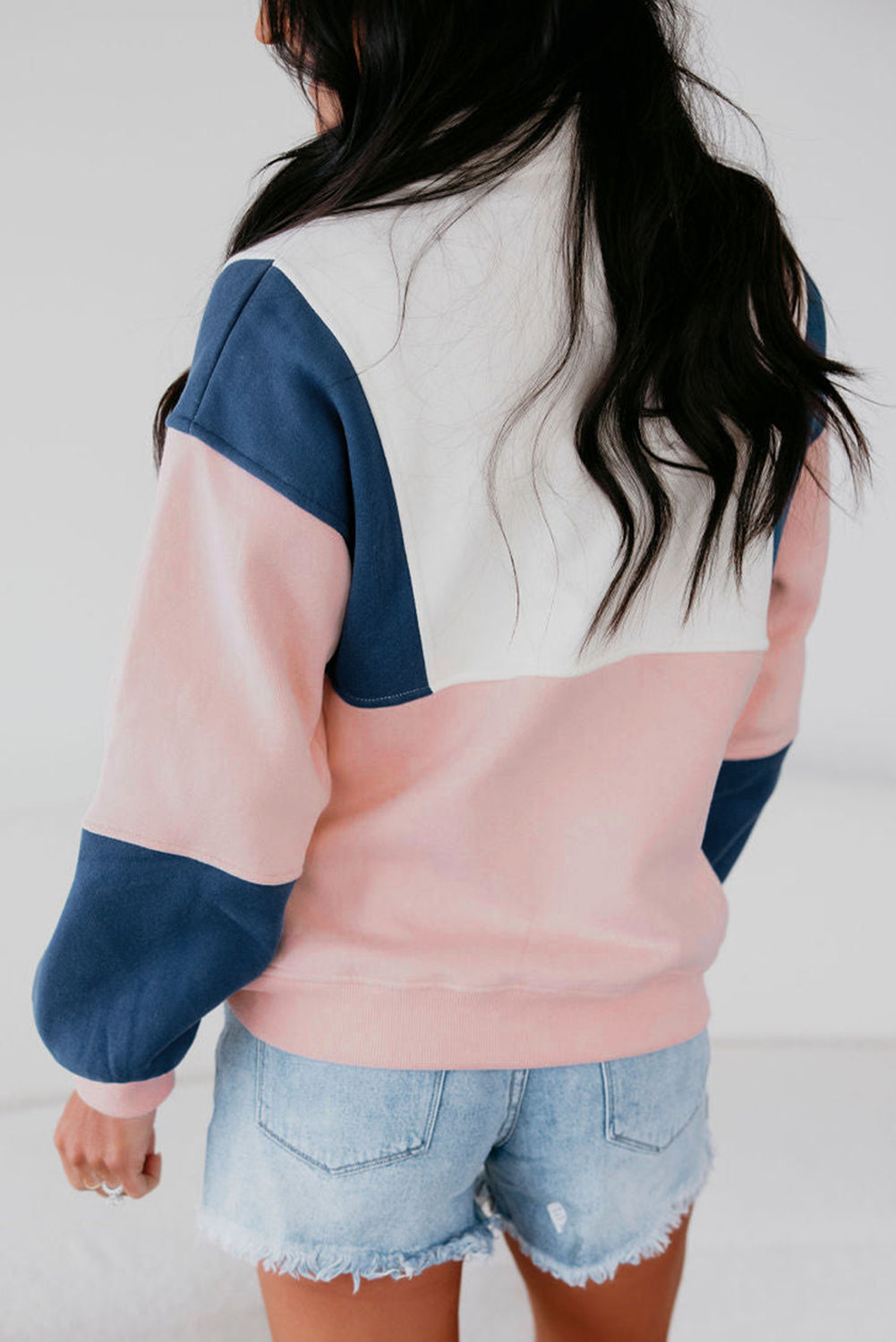 Colorblock Patchwork Half Button Baggy Sweatshirt