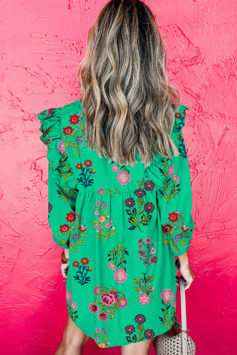 Floral Ruffled Three Quarter Sleeve Buttoned Mini Dress