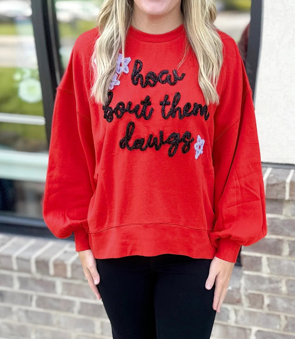 How Bout Them Dawgs Embroidered Script Balloon Sleeve Sweatshirt