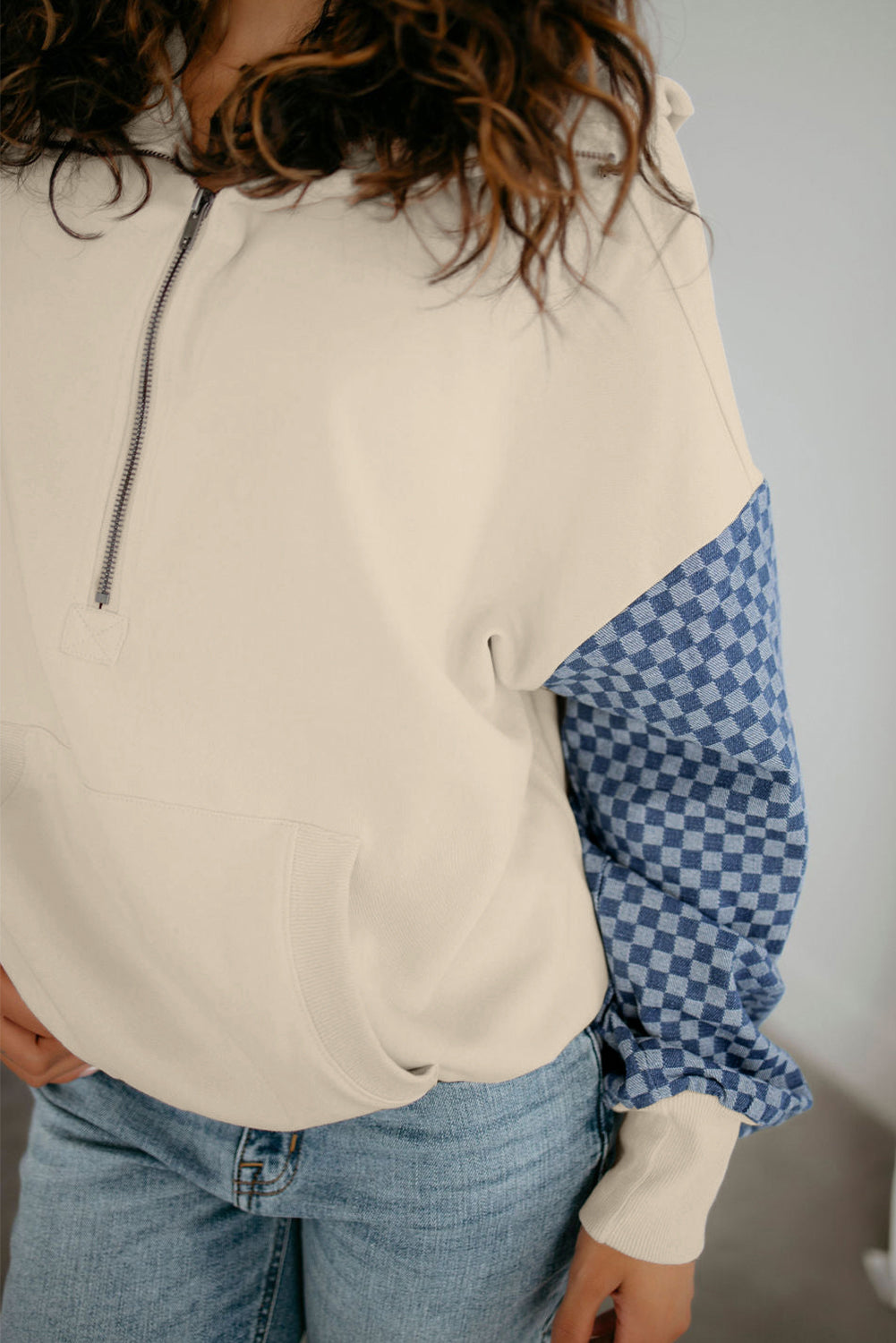 Checkered Patchwork Kangaroo Pocket Half Zipper Hoodie
