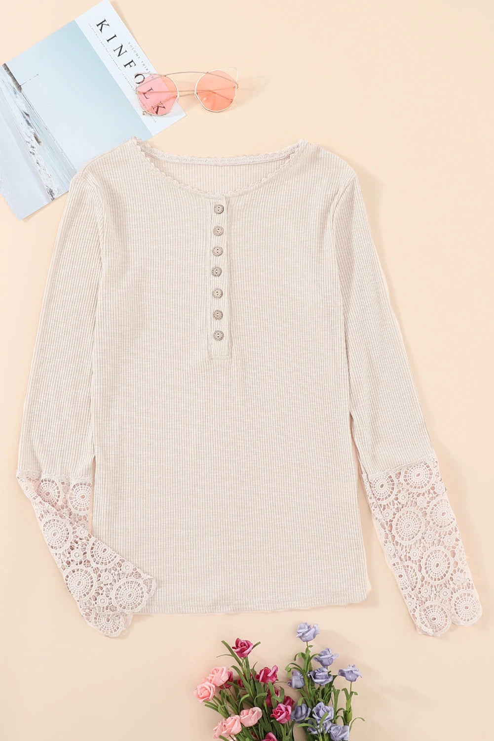 Lace Hem Sleeve Button Top