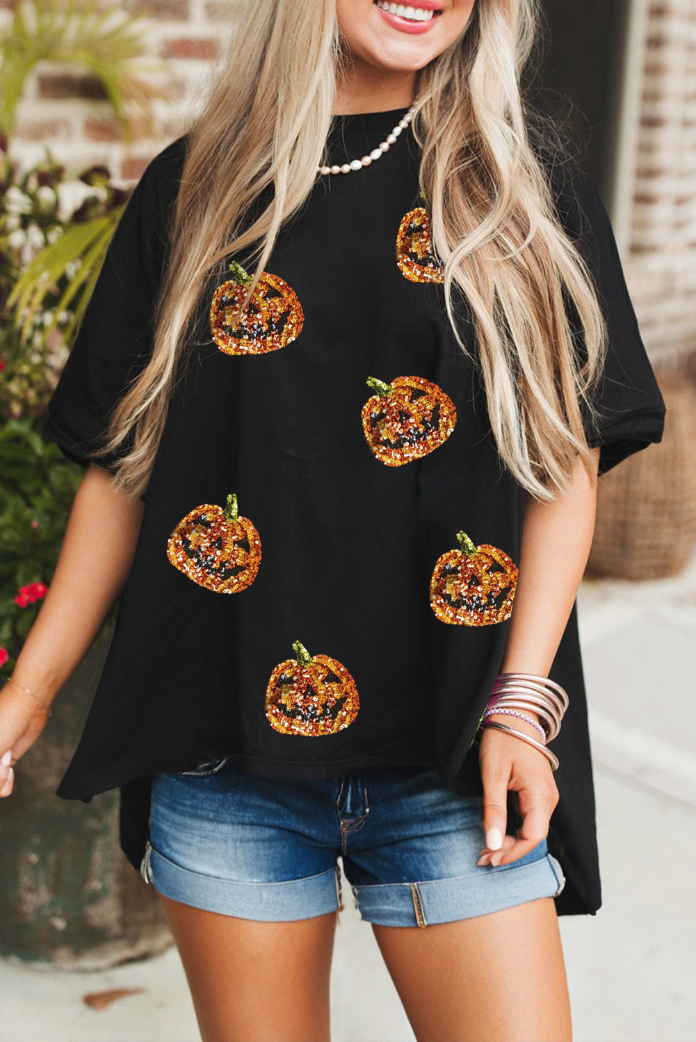 Sequin Jack-o-lantern Pattern Halloween Casual Tee