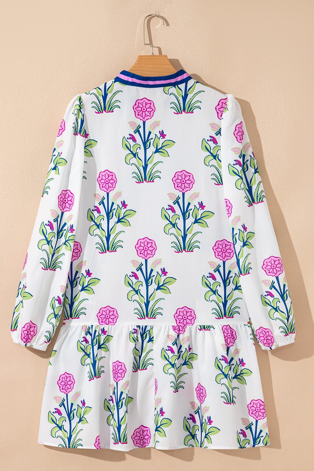 Floral Print Contrast Striped Trim Notched Neck Long Sleeve Dress