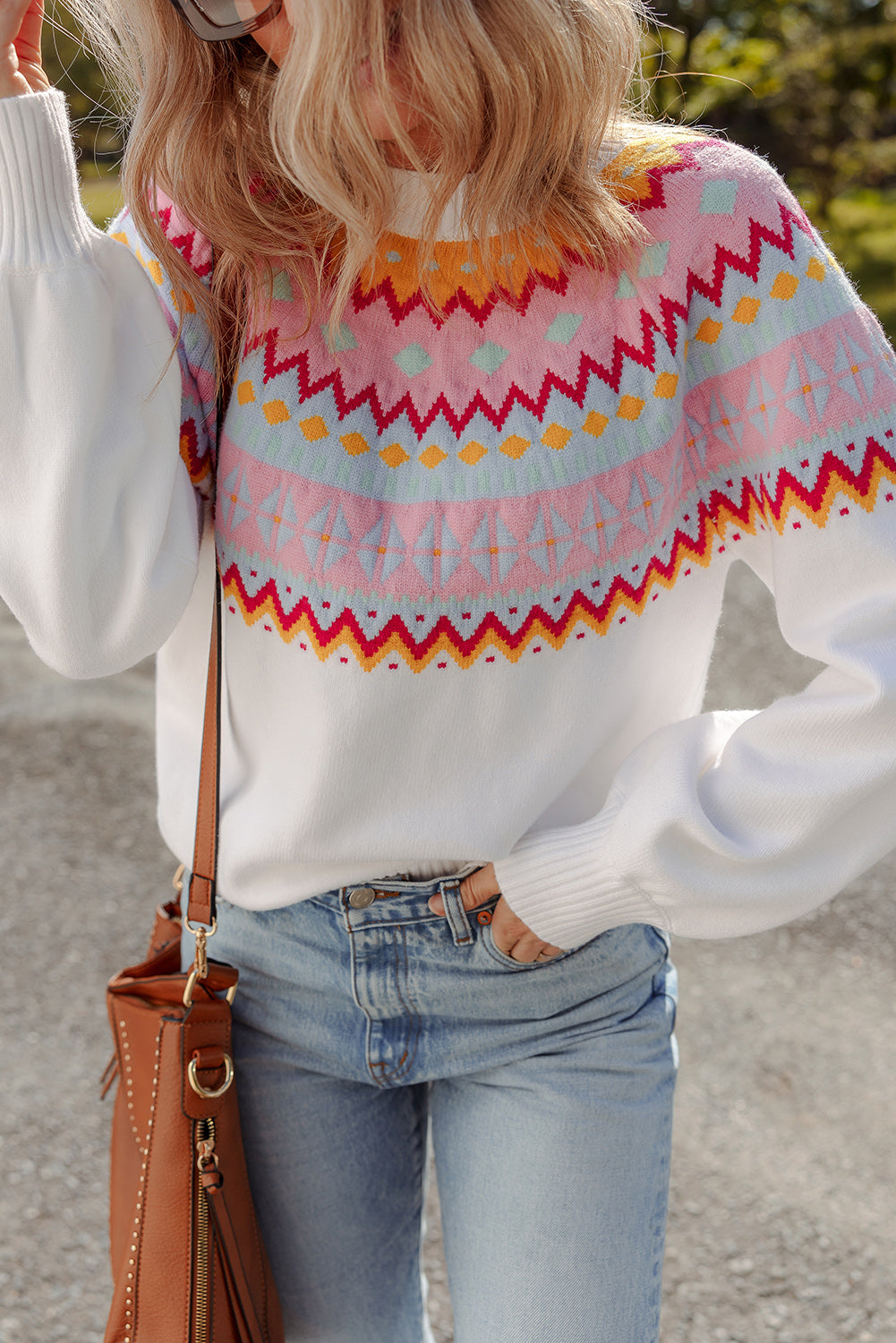 Ethnic Geometric Colorblock Print Drop Shoulder Sweater