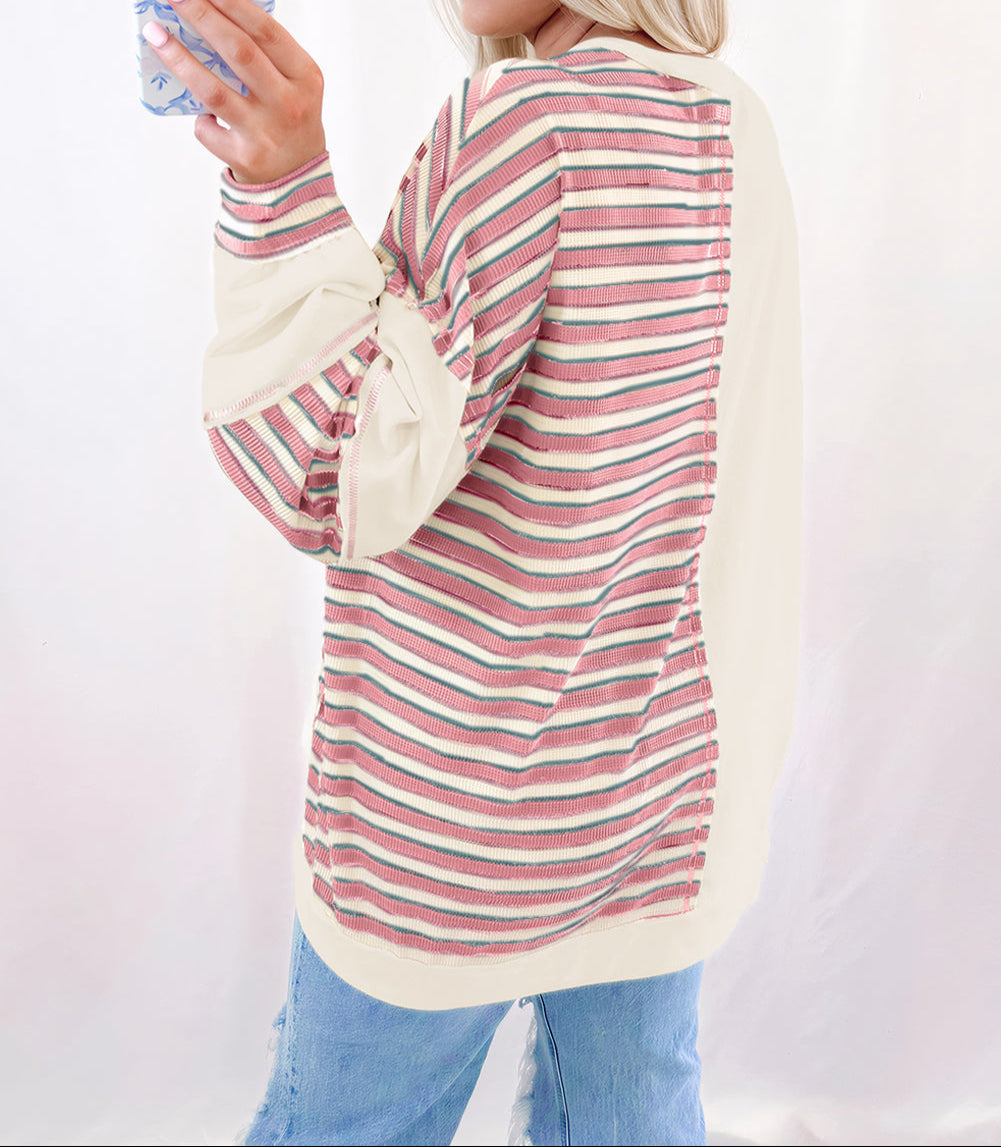 Stripe Stitched Detail Color Block Patchwork Oversized Pullover Top