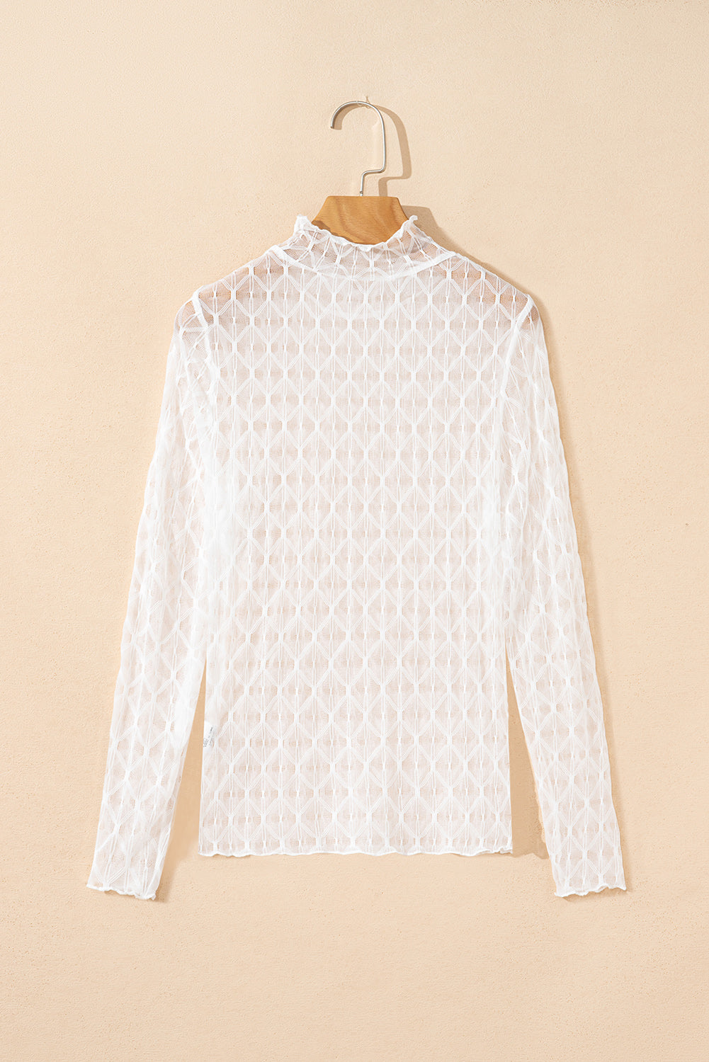 Sheer Mesh Patterned Lettuce Trim Slim Long Sleeve Top