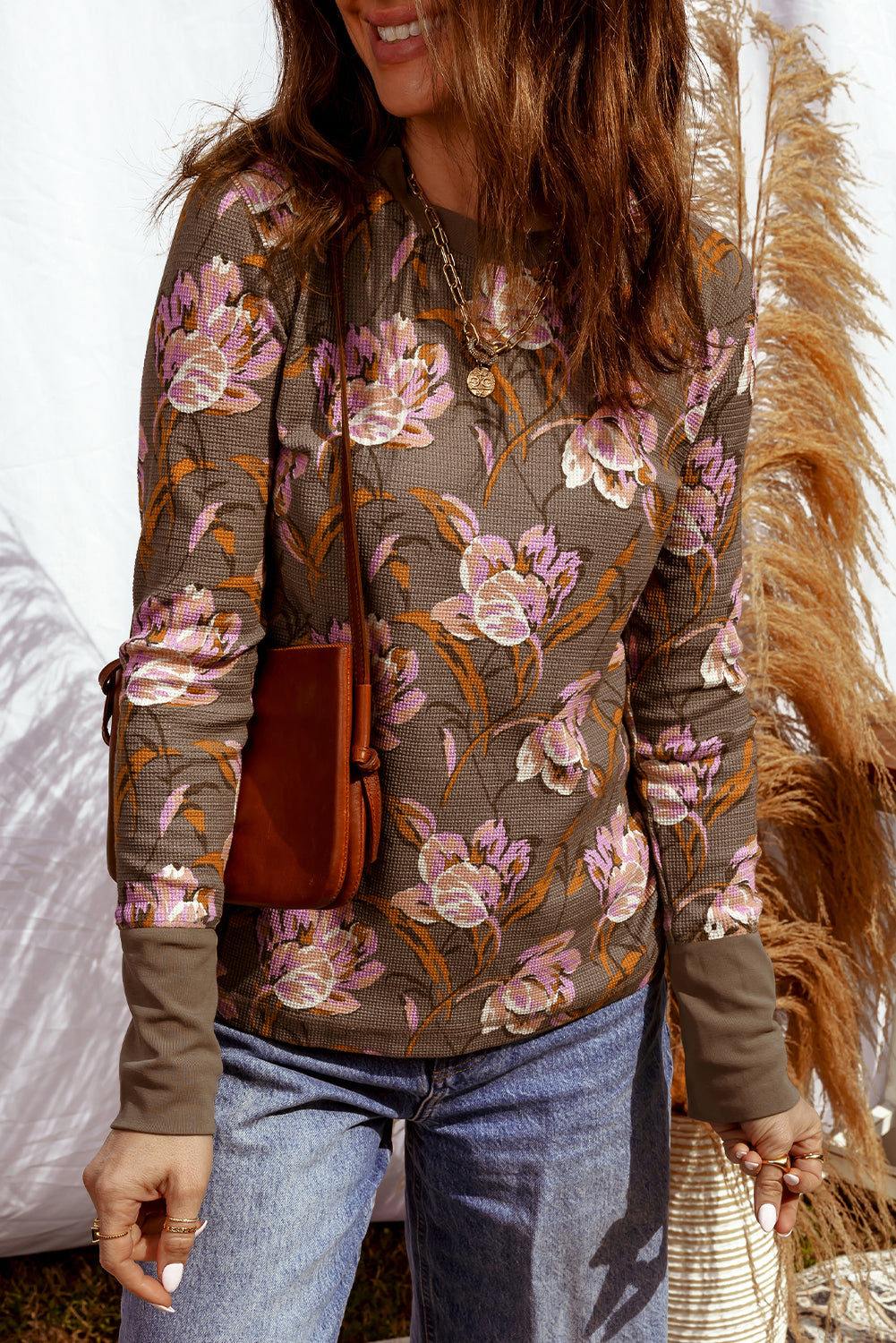 Floral Print Waffle Textured Long Sleeve Top