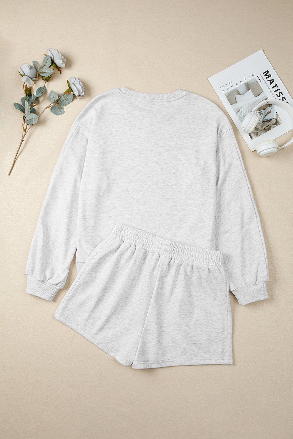 Girly Bow Embroidered Detail Puff Sleeve Pullover 2pcs Short Set