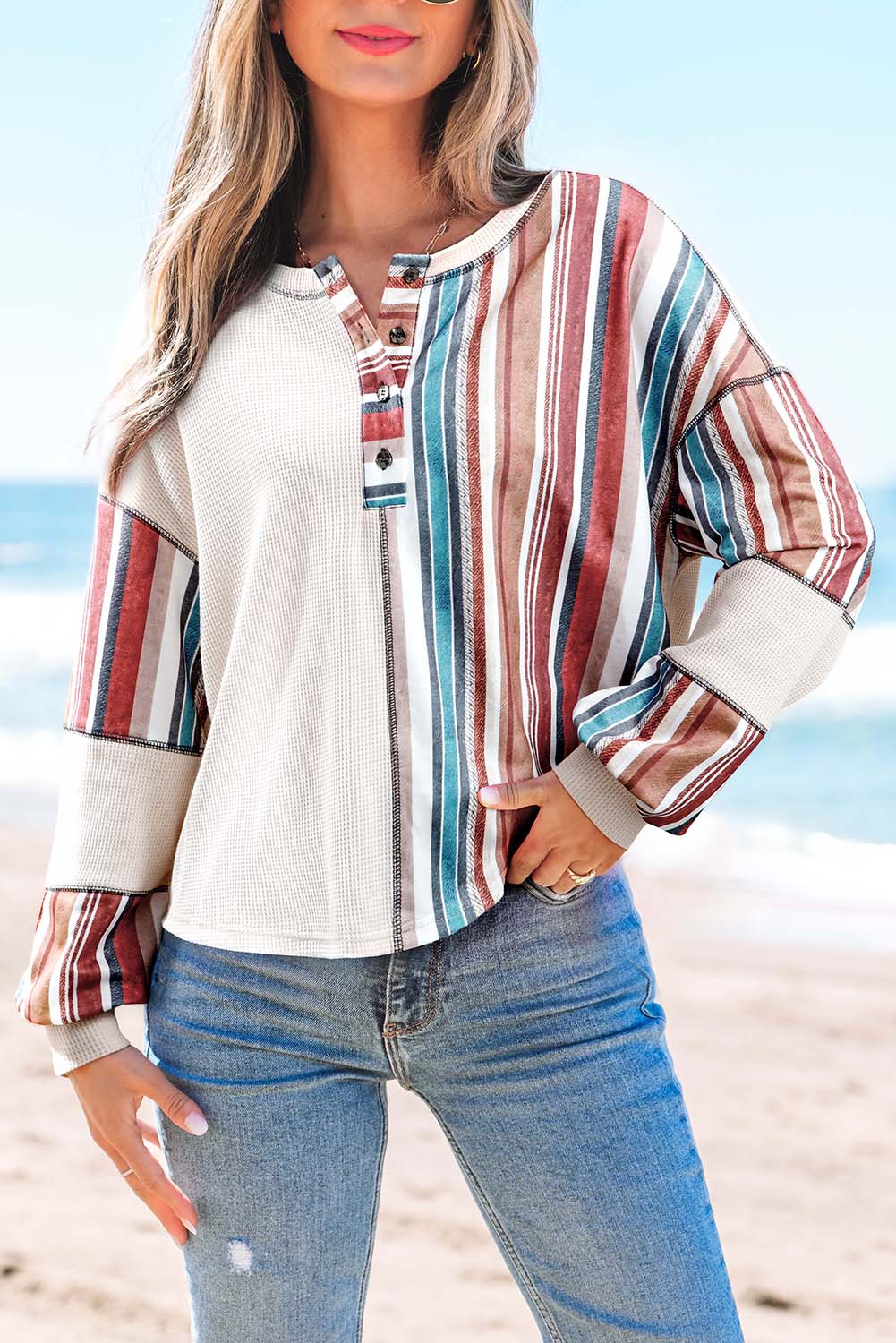 Striped Waffle Patchwork Exposed Seam Raw Edge Casual Knit Top