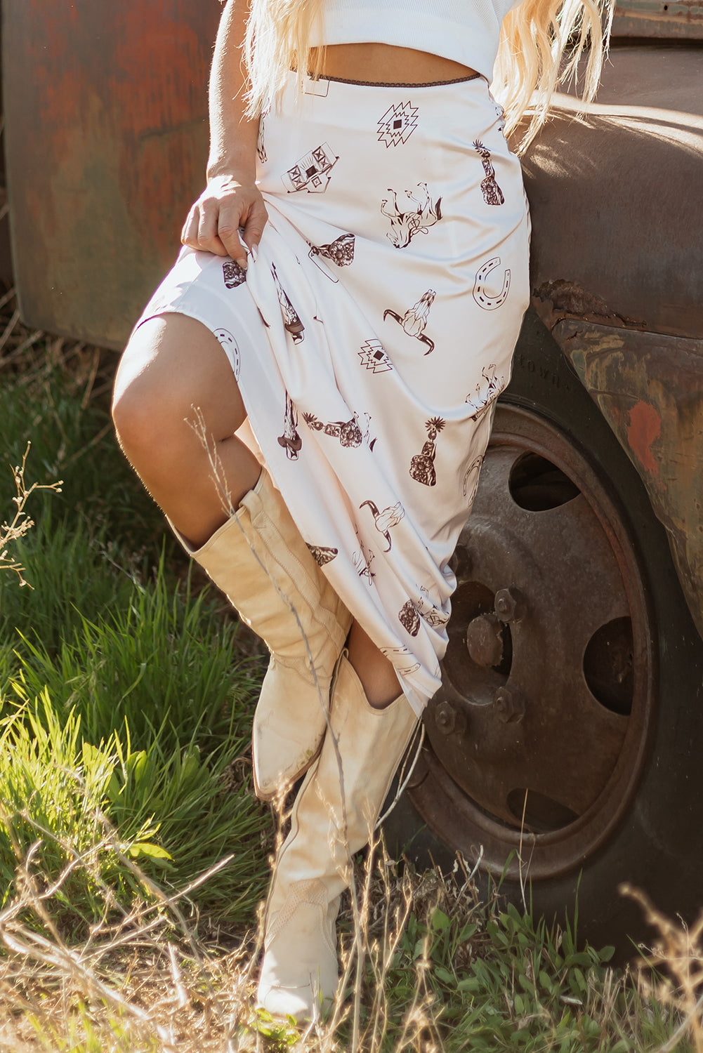 Western Print Satin Long Skirt