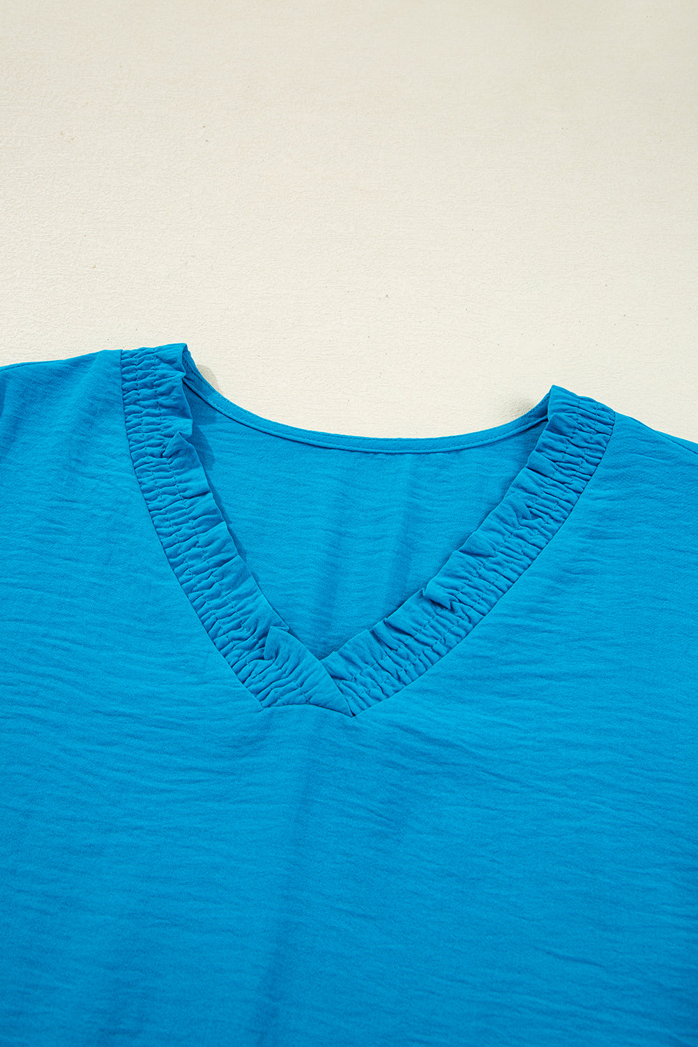 Frilled V Neckline Bracelet Sleeve Crinkled Blouse
