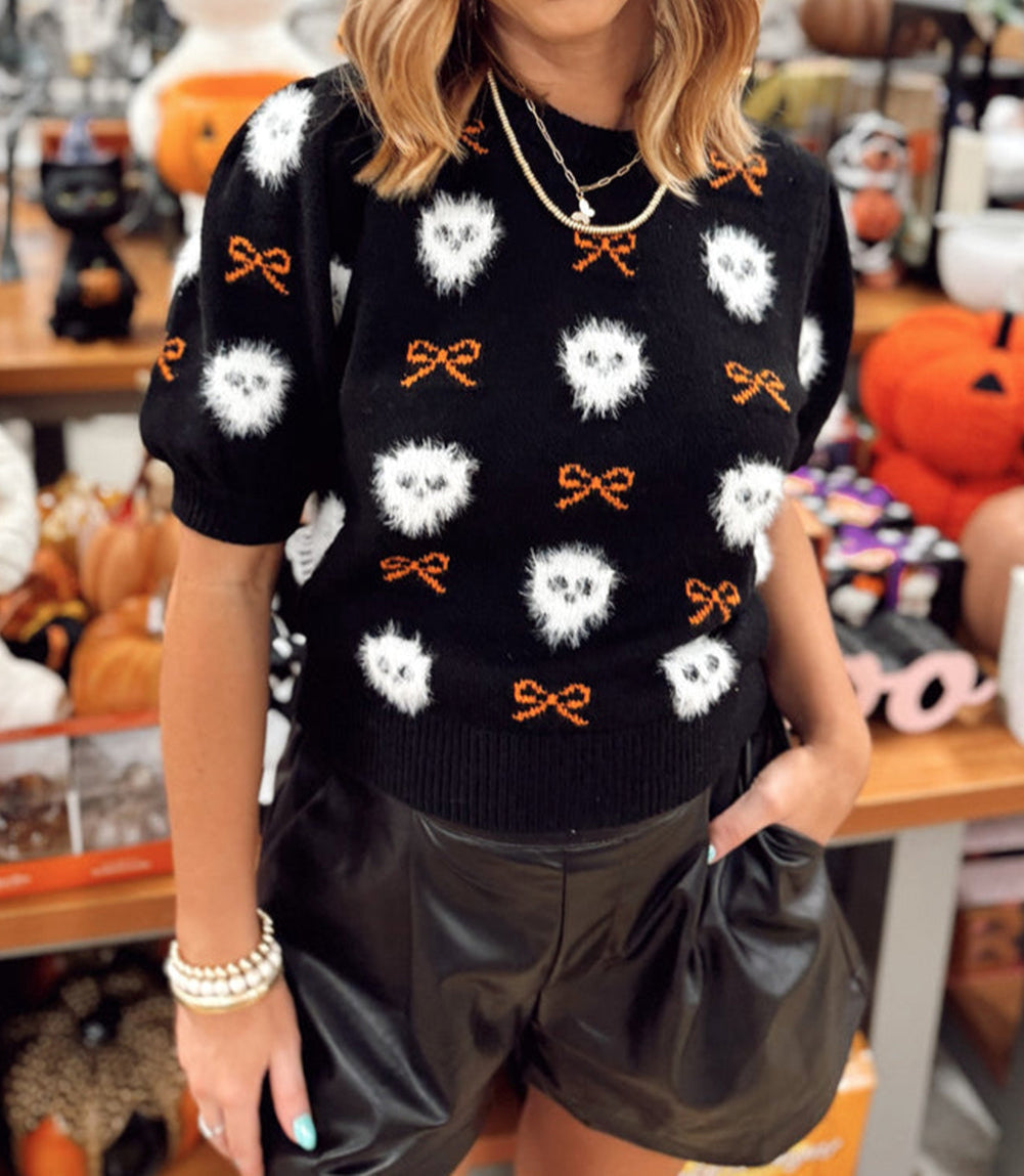 Short Puff Sleeve Bow Knot Plush Skeleton Halloween Sweater