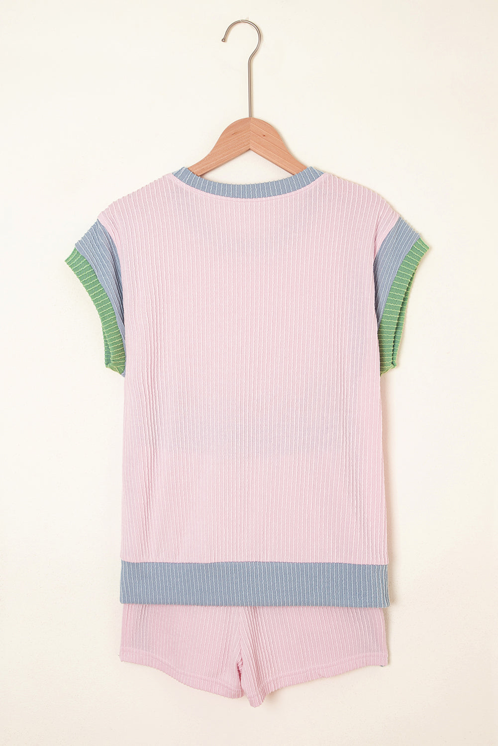 Corded Knit Contrast Trim Round Neck Cap Sleeve 2pcs Short Set