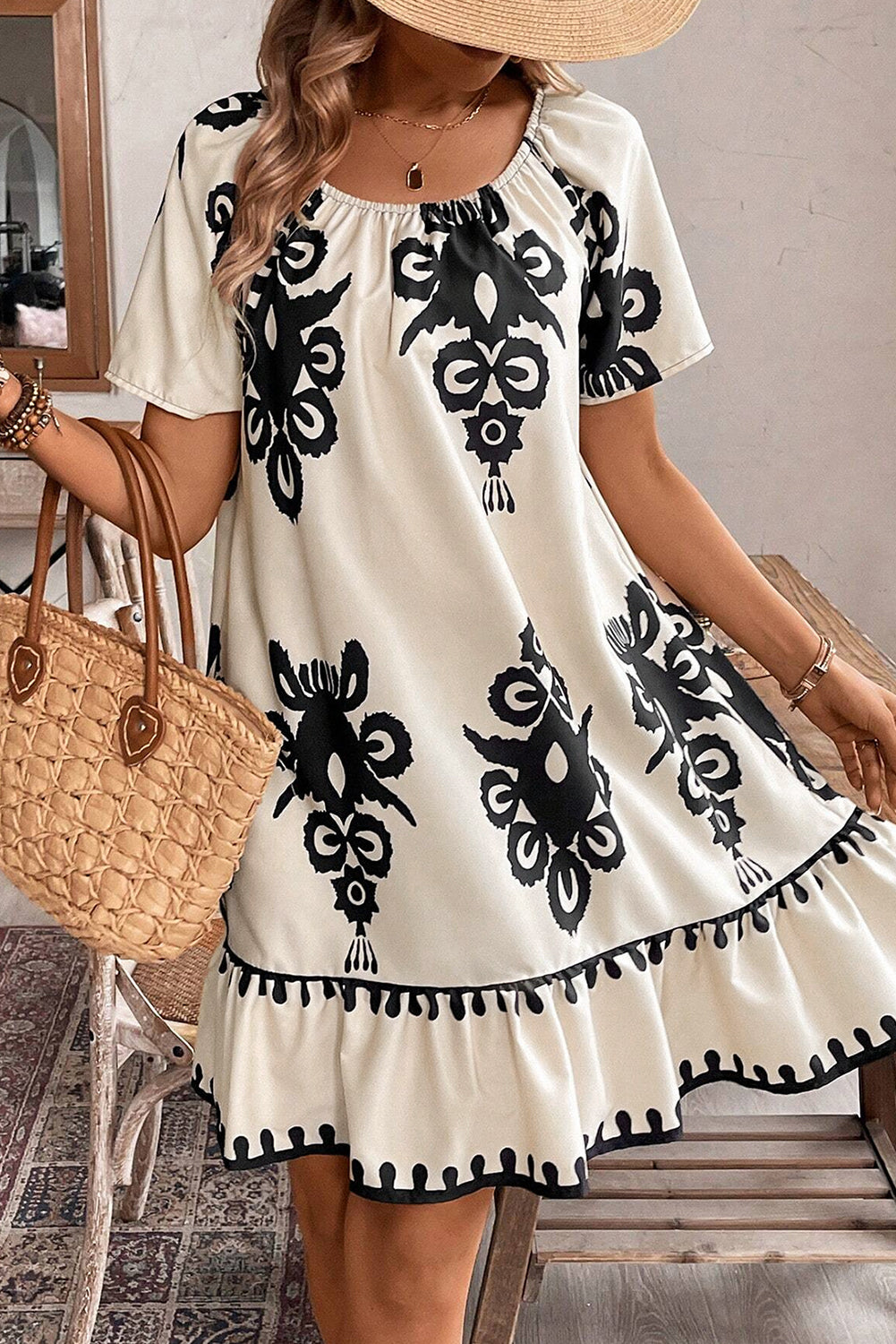 Western Print Ruffled Short Sleeve Loose Dress