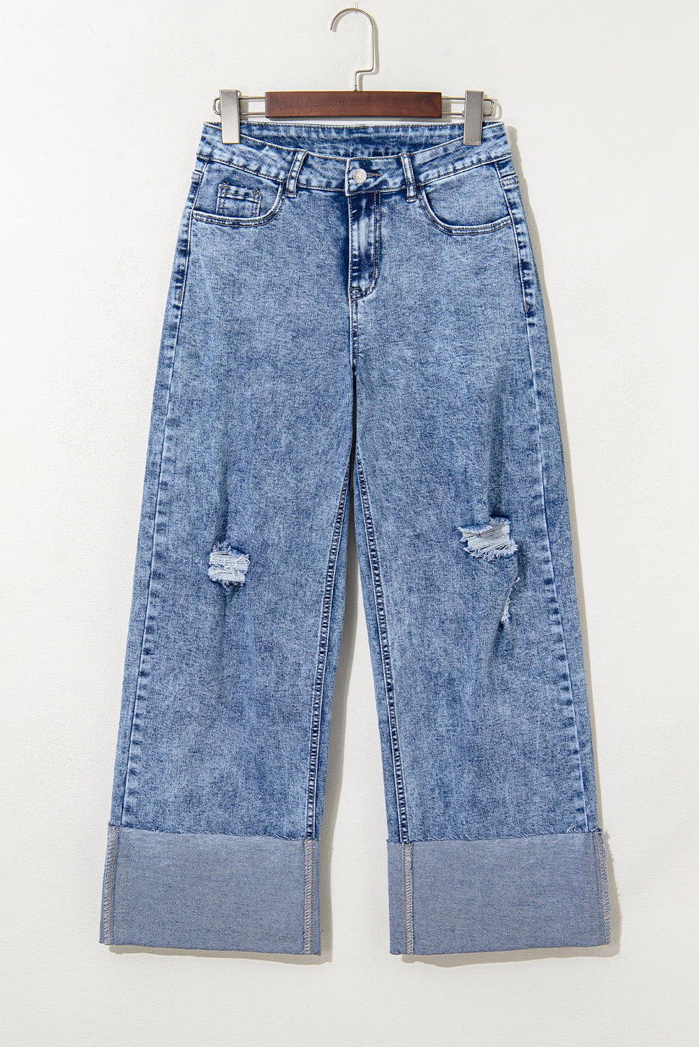 Mineral Wash Bottom Cuff Distressed Wide Leg Jeans