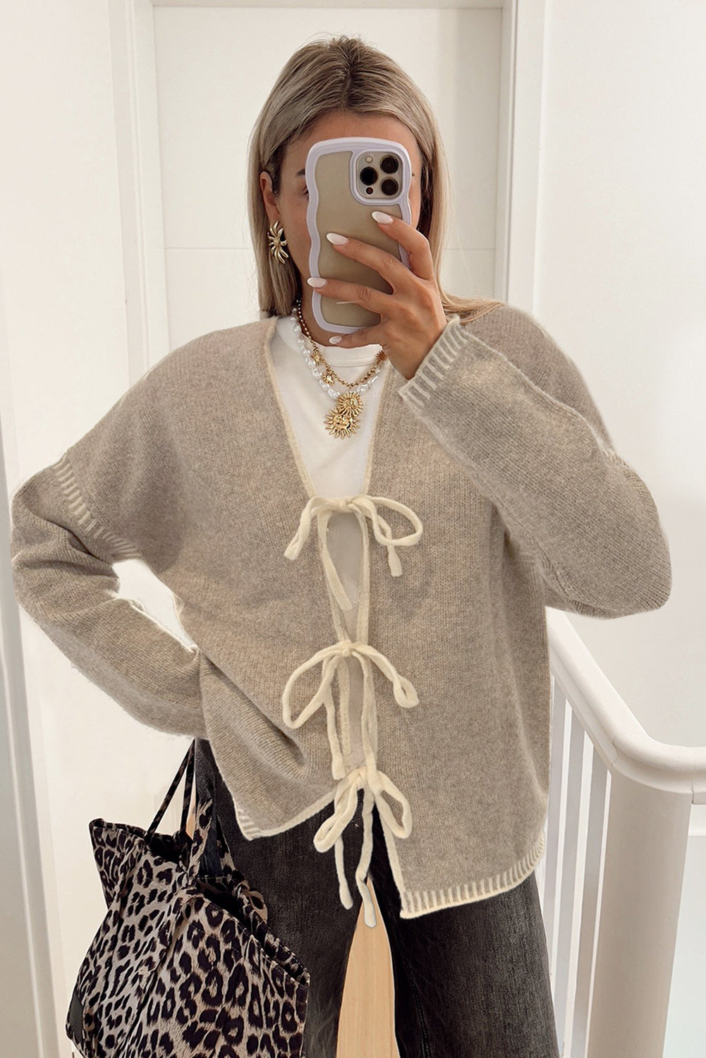 Tied Front Drop Shoulder Chunky Casual Cardigan