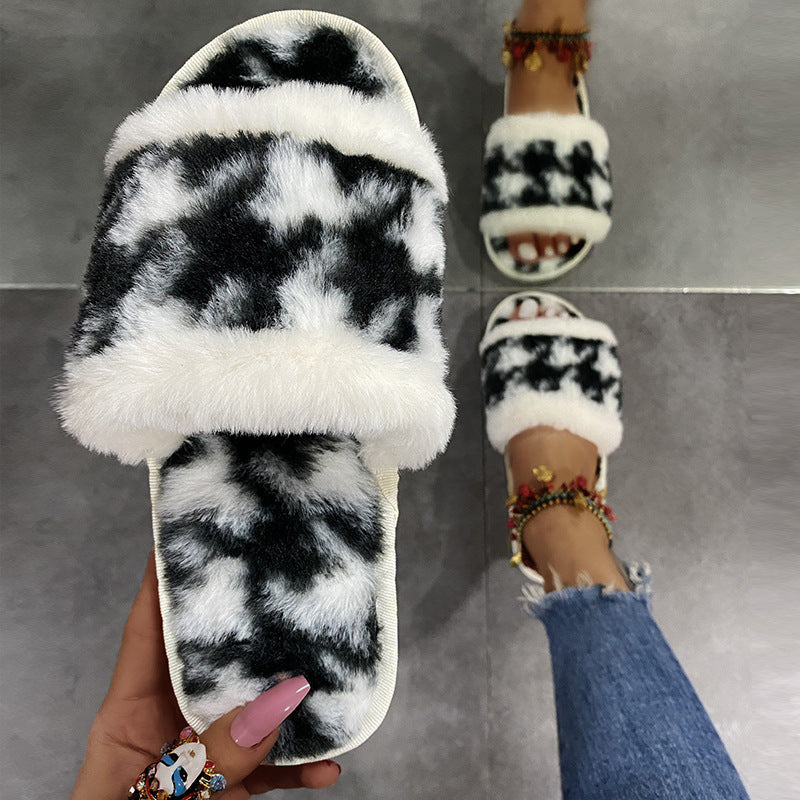 Tie-Dye Soft Bottom Fur Slippers - KOC