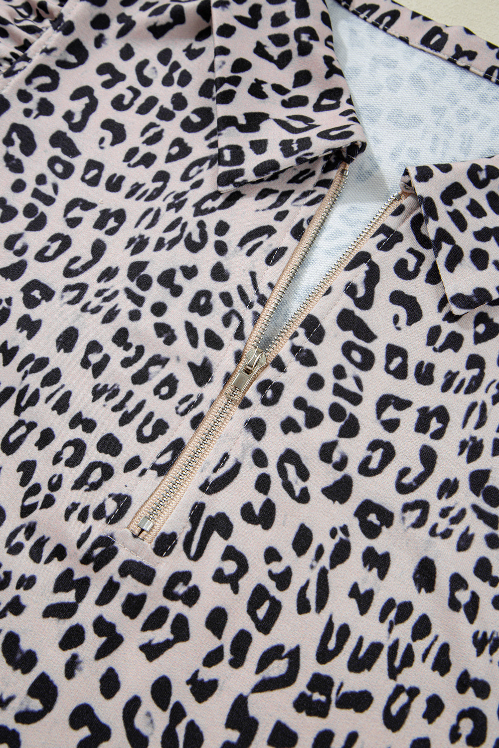 Leopard Half Zipper Collared Ruffled Sleeve Top and Short Set