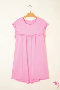 Frilled Trim Crew Neck Loose Fit Mini Dress