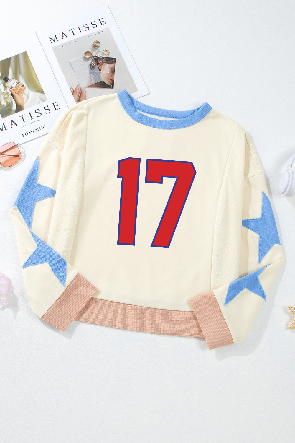 Number 17 Printed Stars Patched Sleeve Cropped Sweatshirt