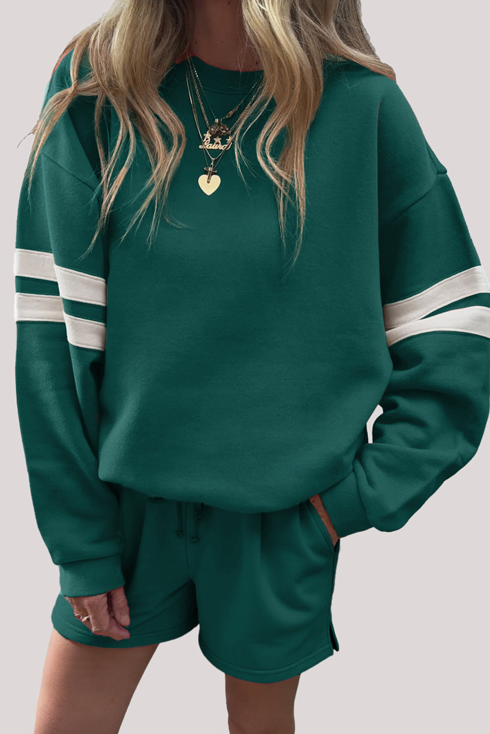 Varsity Striped Sleeve Drop Shoulder Sweatshirt and Short Set