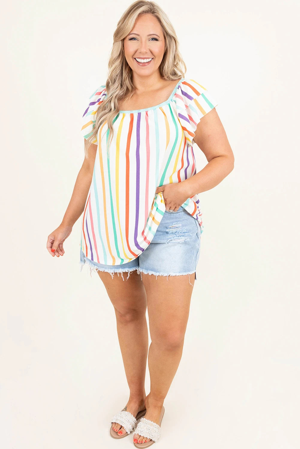 Plus Size Stripe Ruffled Sleeve Blouse