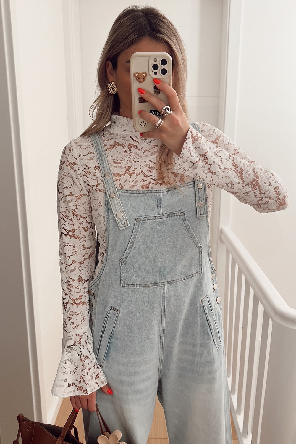 Lace Crochet Bell Sleeve Mock Neck Blouse