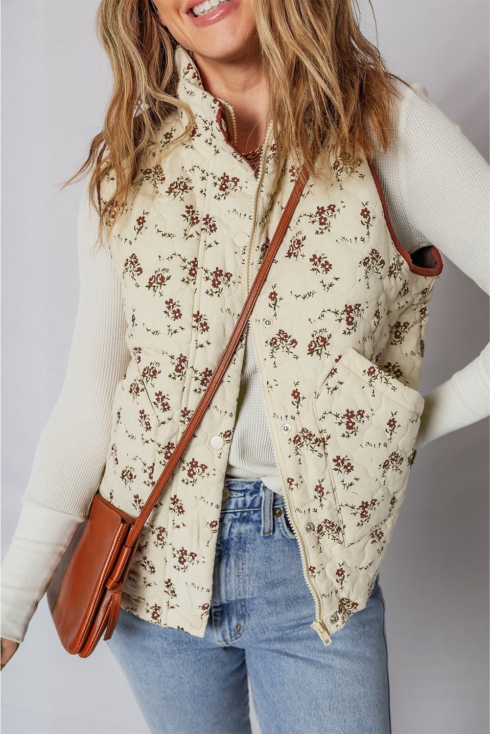 Floral Print Zip Up Quilted Vest