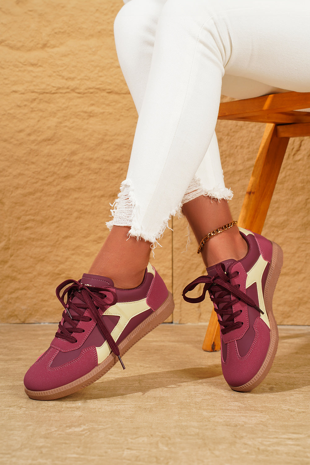 PU Leather Stitched Color Block Casual Lace-Up Sneakers
