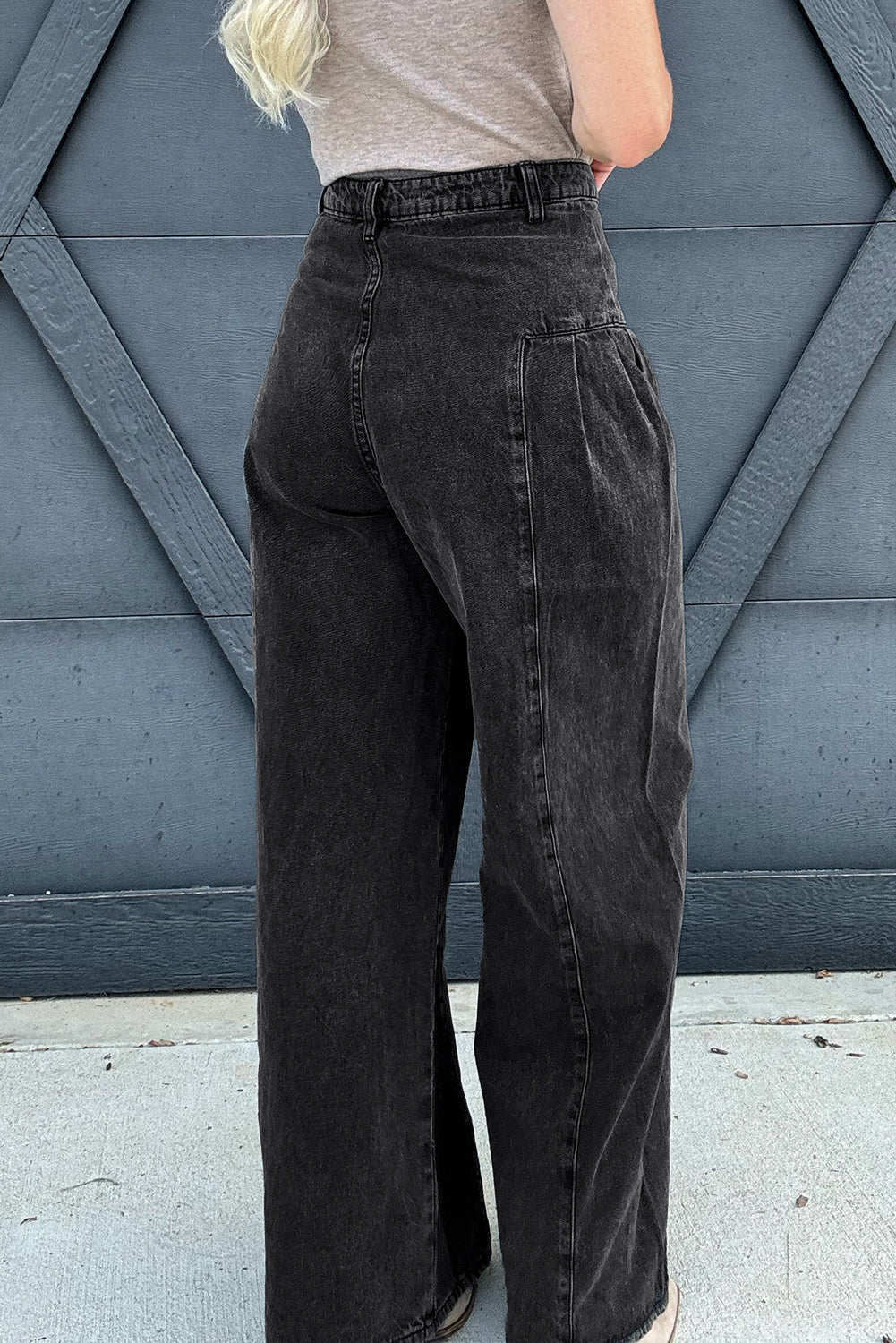 Pleated Wide Leg Mineral Wash Denim Pants