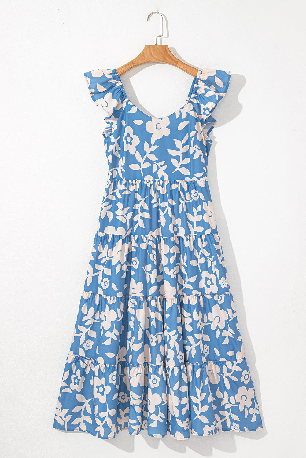 Floral U Neck Flutter Shoulder Tiered Flowy Midi Dress