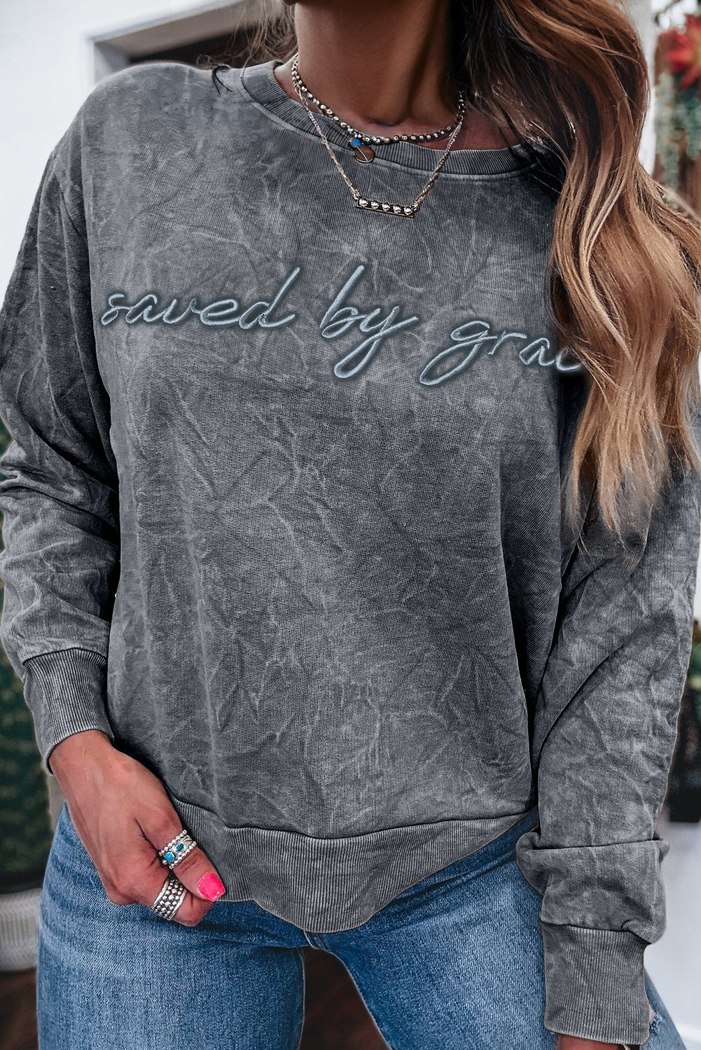 Letter Embroidery Mineral Wash Loose Sweatshirt