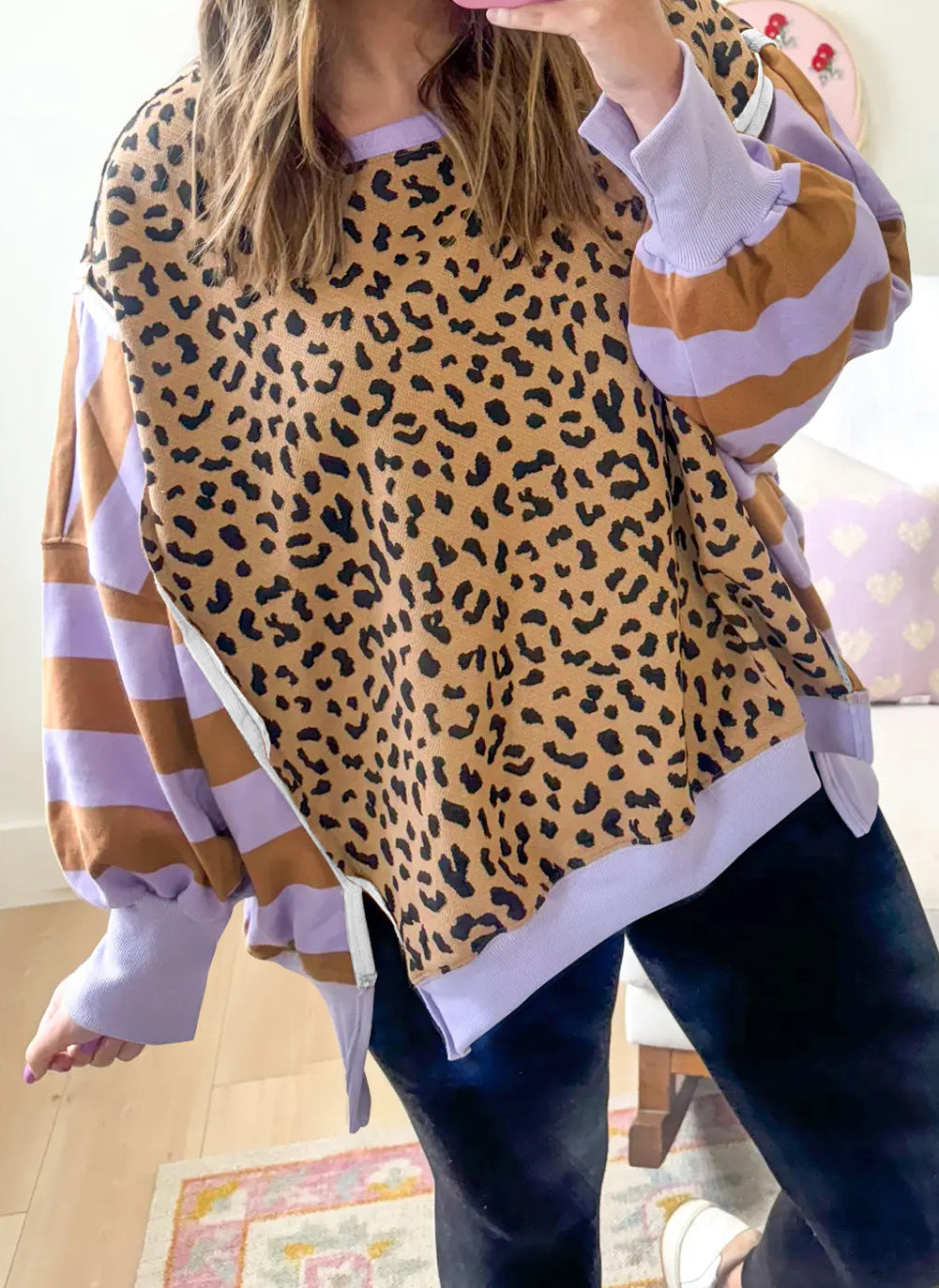 Block Patchwork Leopard Casual Sweatshirt with Slits