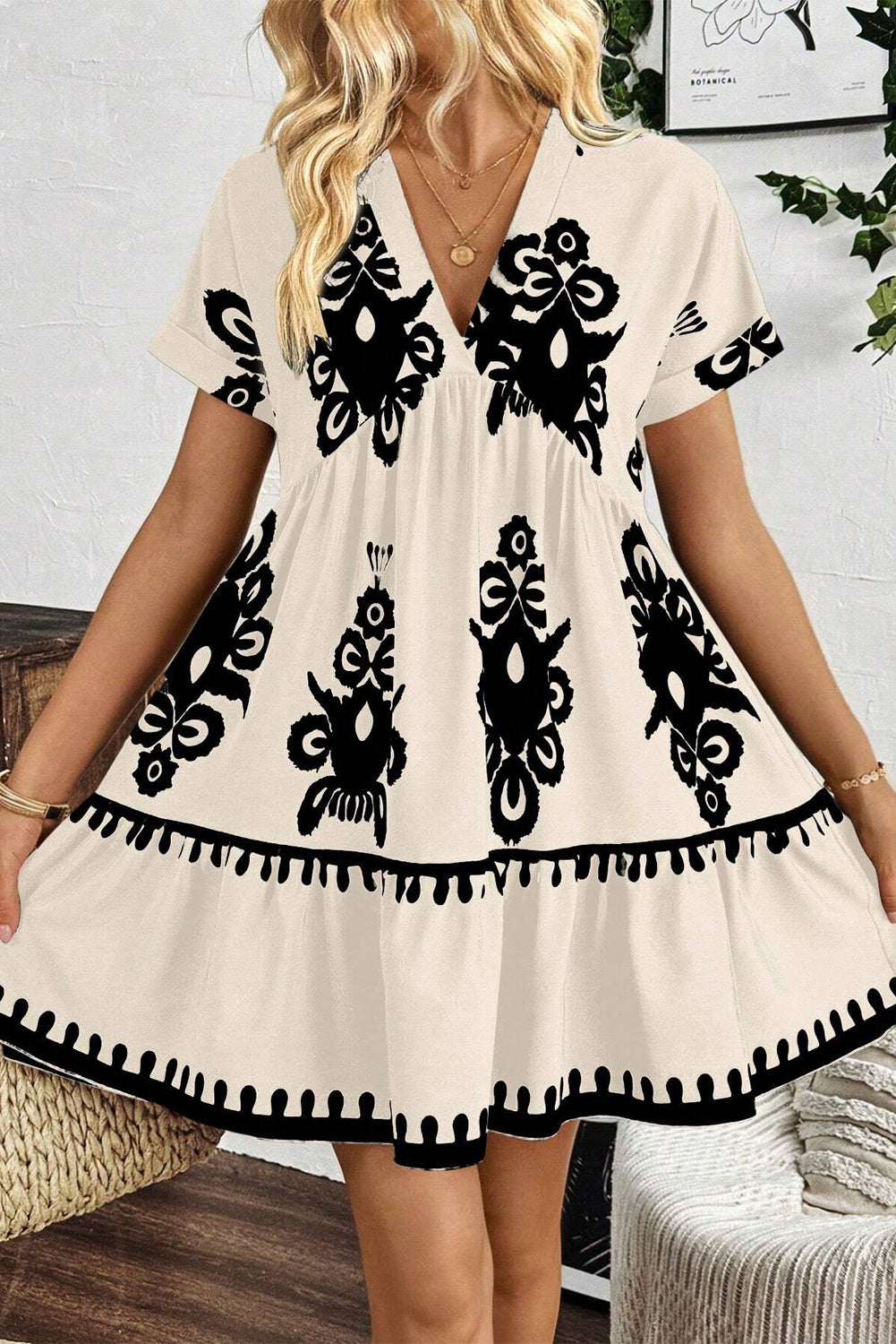 Vintage Print V Neck High Waist Short Sleeve Dress