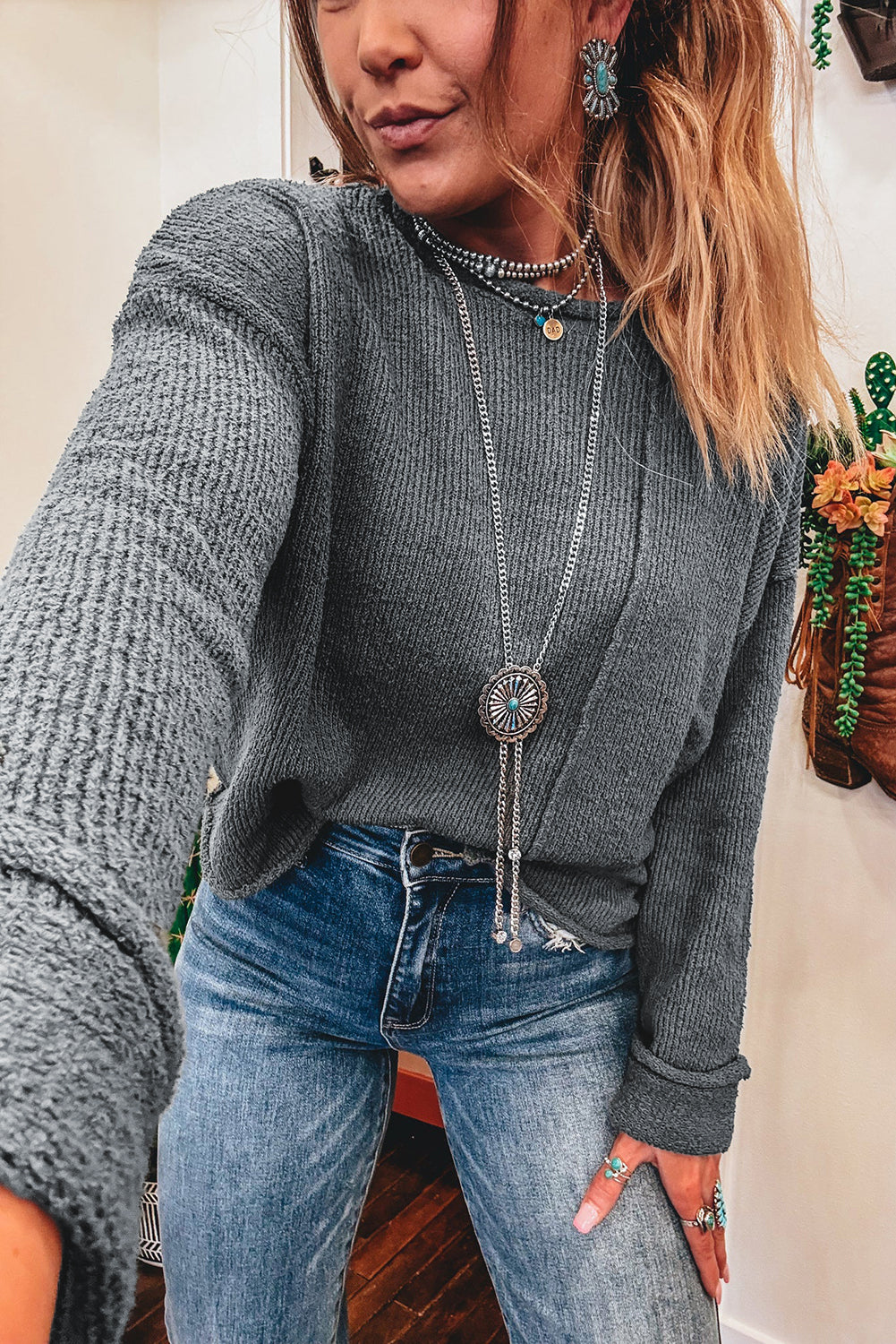 Raw Edge Uneven Hem Patchwork Drop Shoulder Sweater
