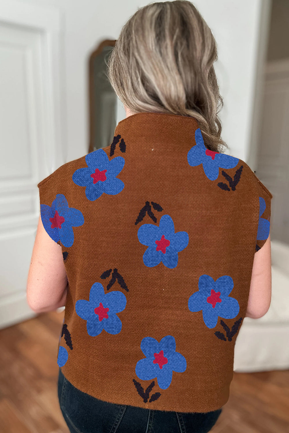 Floral High Neck Sweater Vest