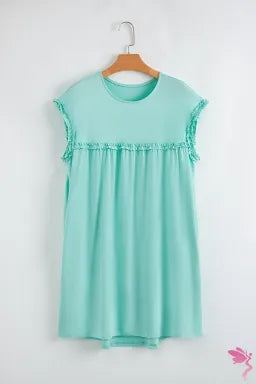 Frilled Trim Crew Neck Loose Fit Mini Dress