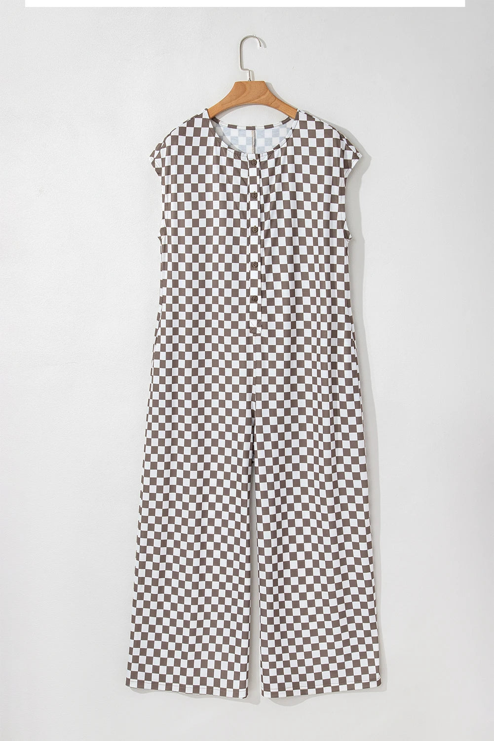 Checkered Buttoned Wide Leg Jumpsuit