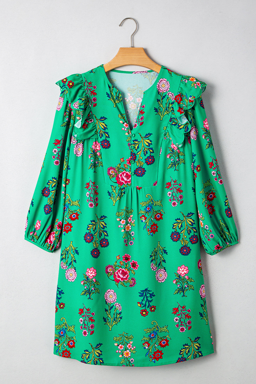 Floral Ruffled Three Quarter Sleeve Buttoned Mini Dress