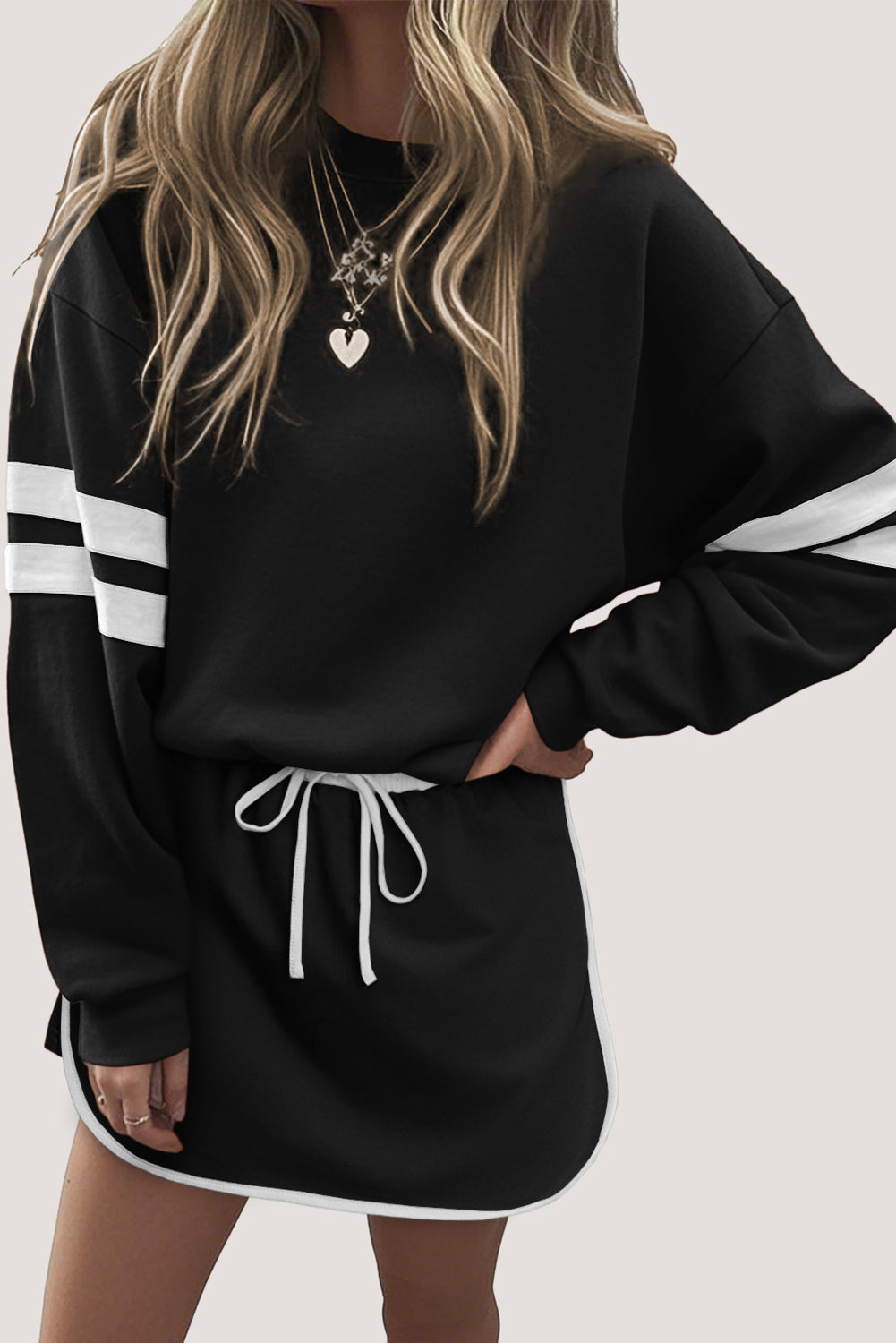 Varsity Stripe Detail Drop Shoulder Pullover Mini Skirt Set