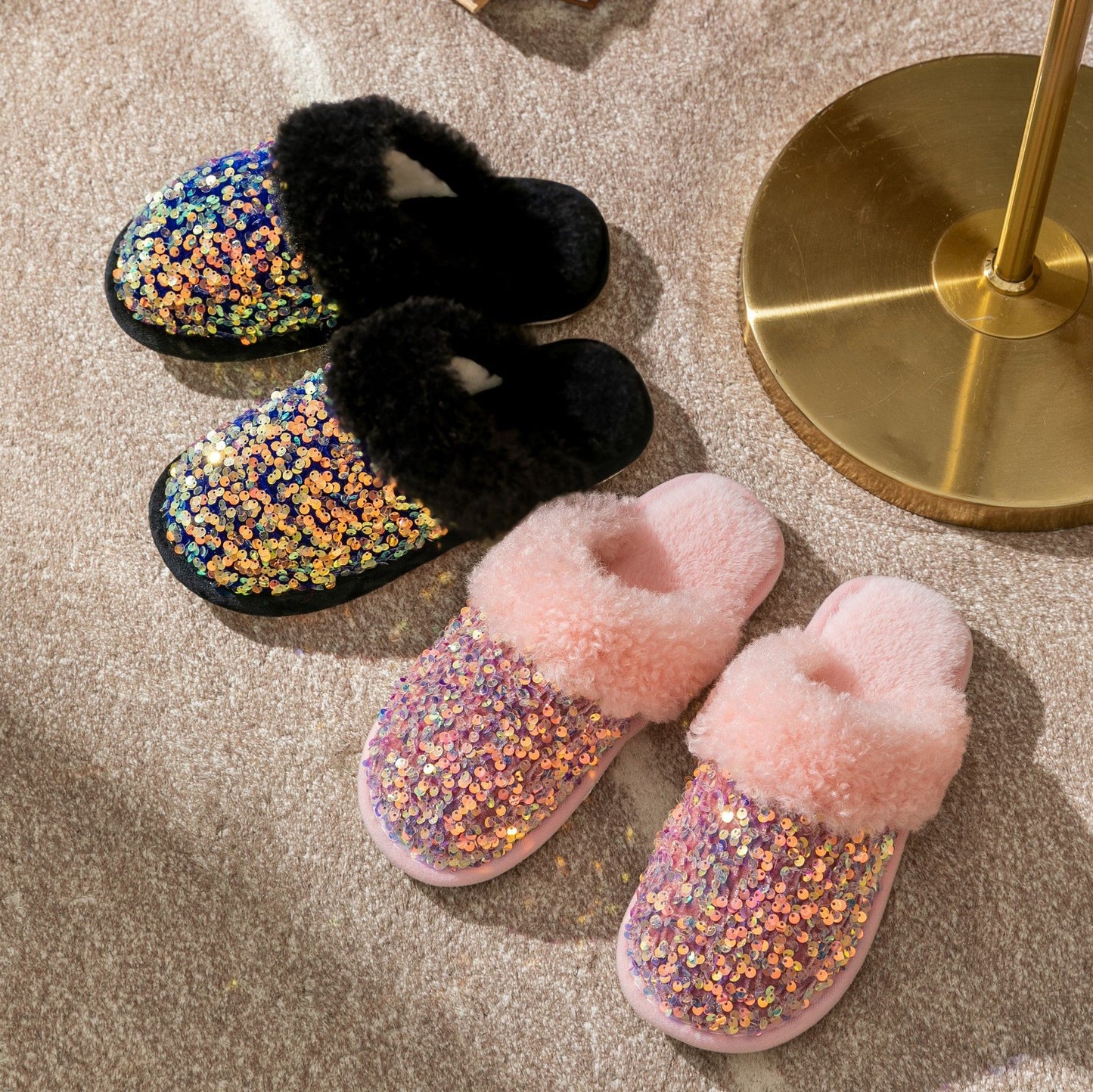 Sequin Fur-Lined Slippers