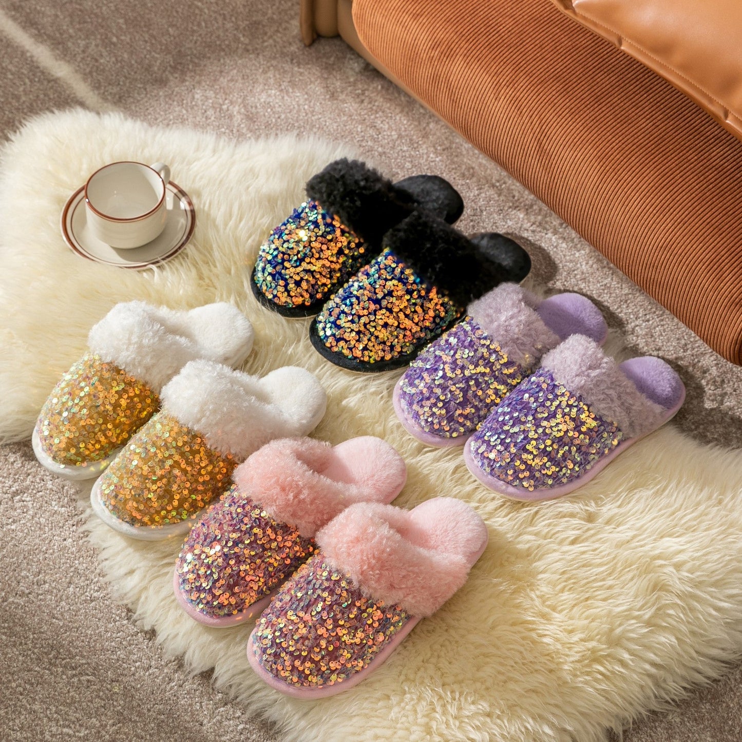 Sequin Fur-Lined Slippers