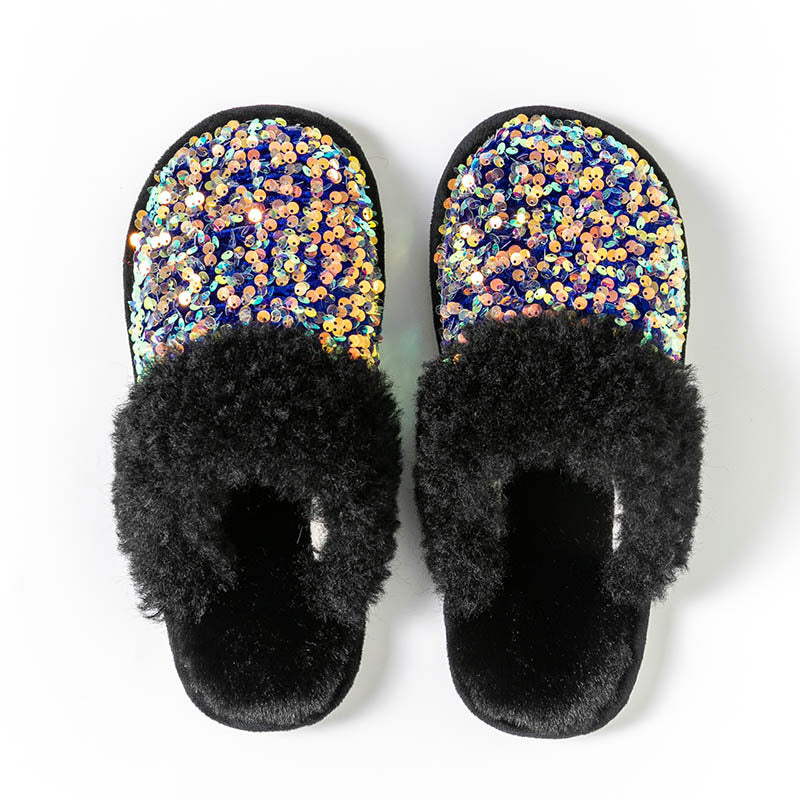 Sequin Fur-Lined Slippers