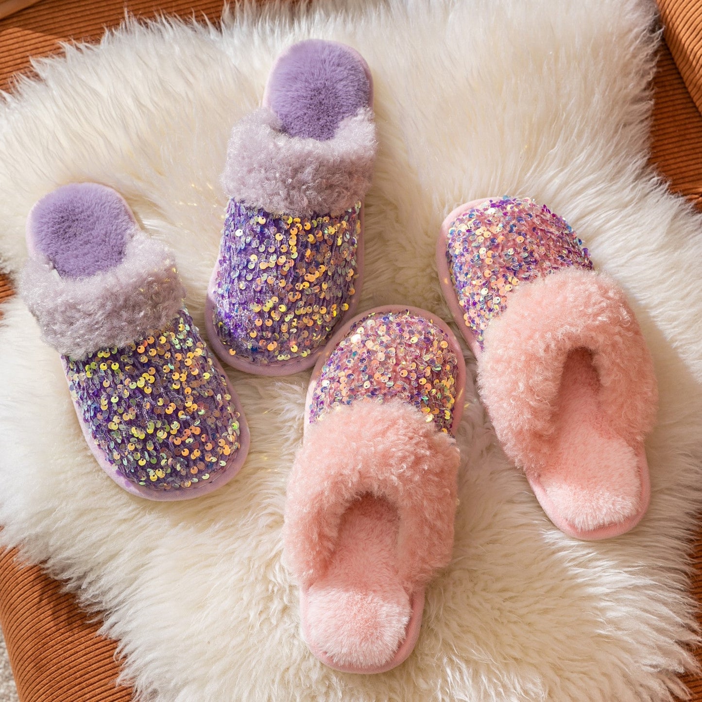 Sequin Fur-Lined Slippers