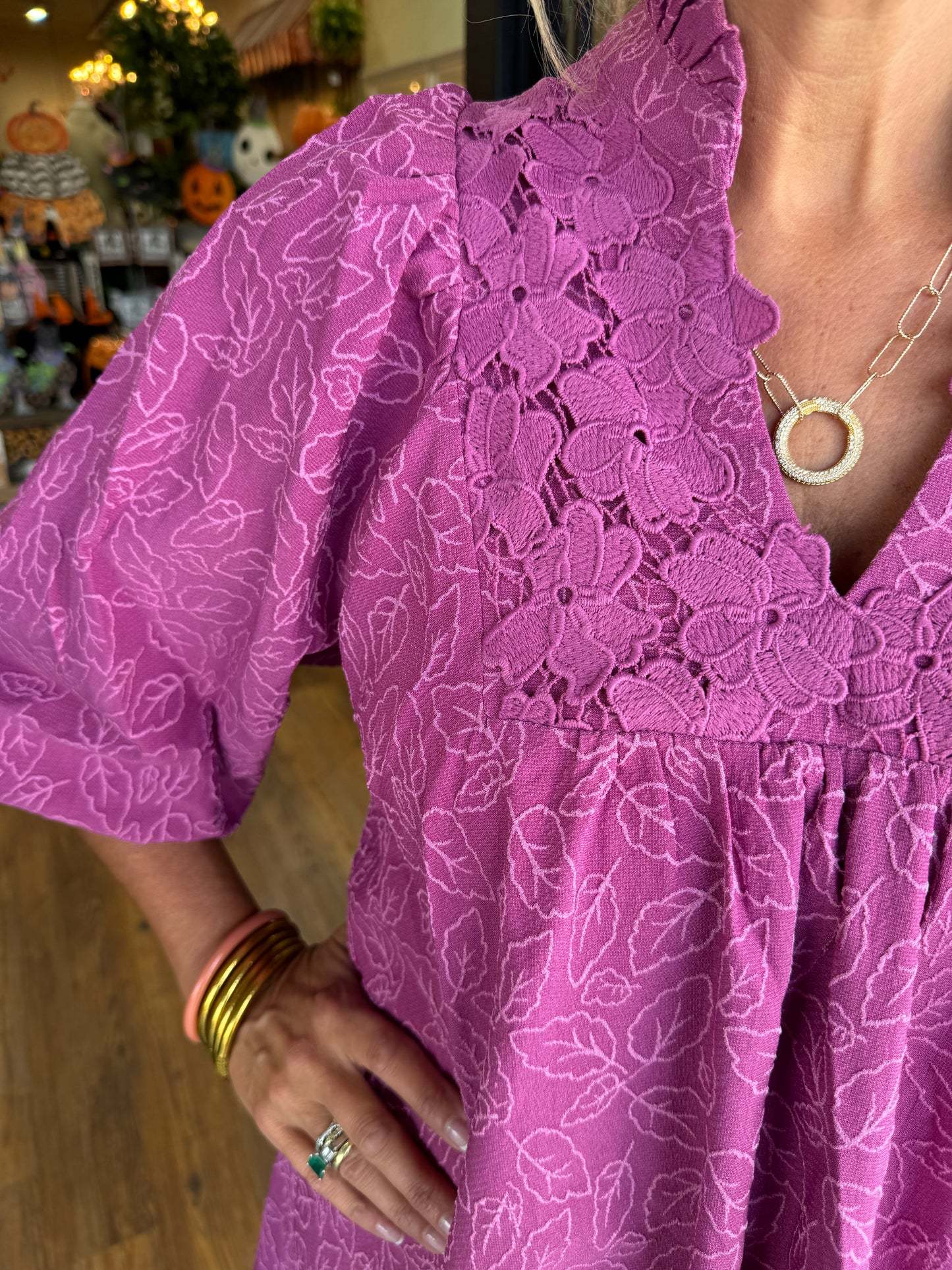 Puff Sleeve Leaf Jacquard Mini Dress