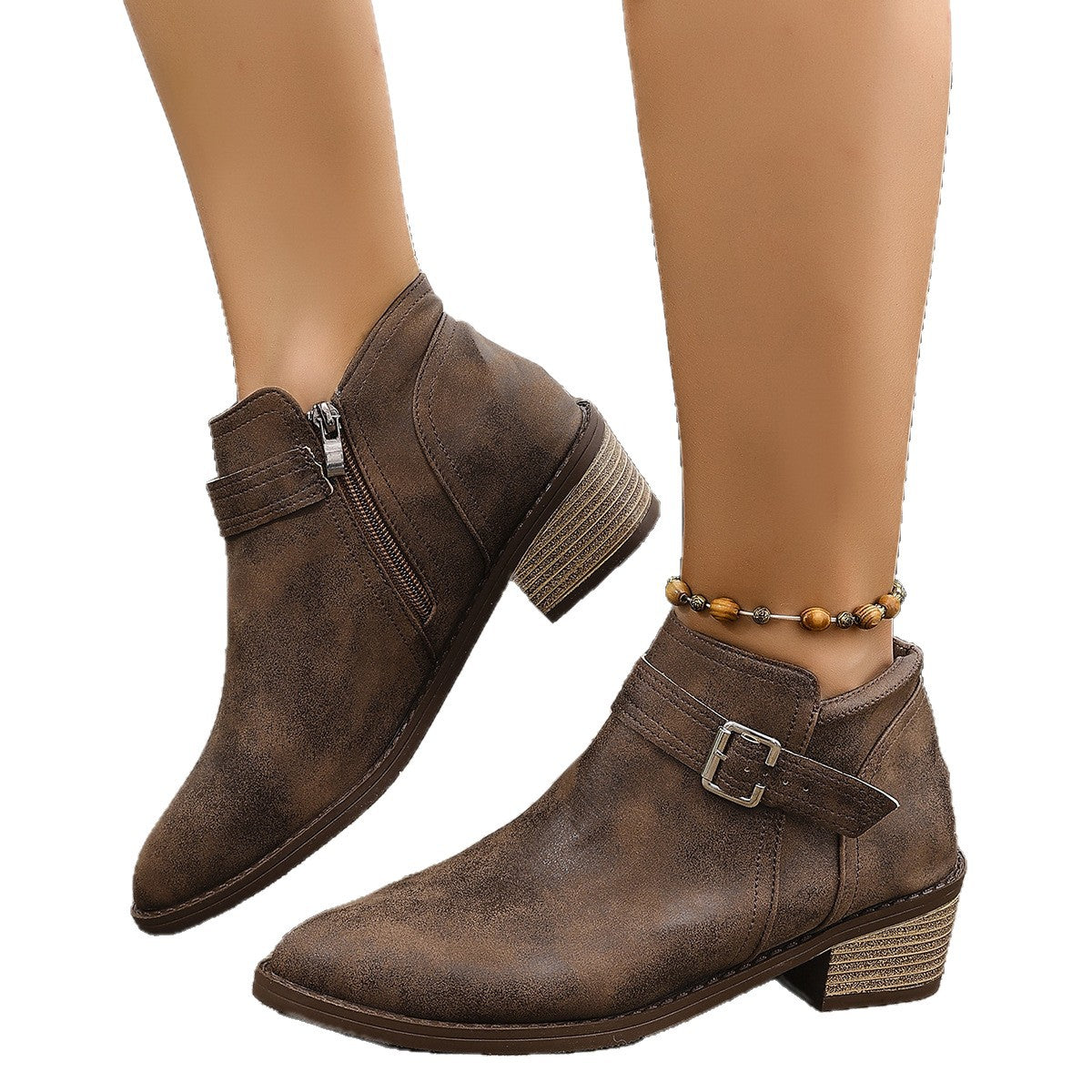 Women's Leather Block Heel Zipper Slip-on Martin Boots