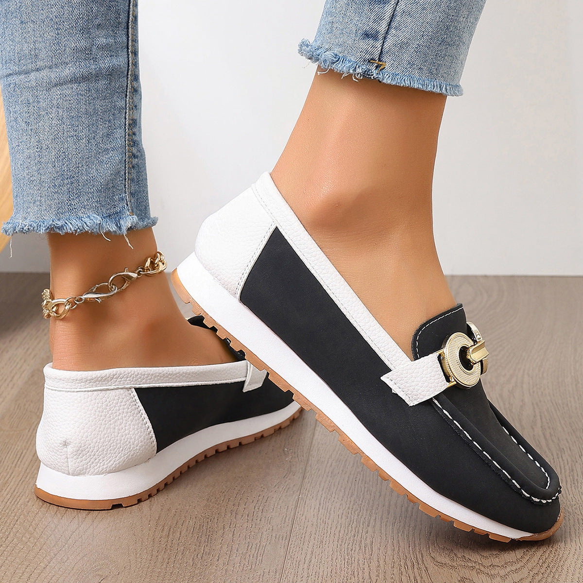 Metal Button Flat Casual Fabric Upper Shoes