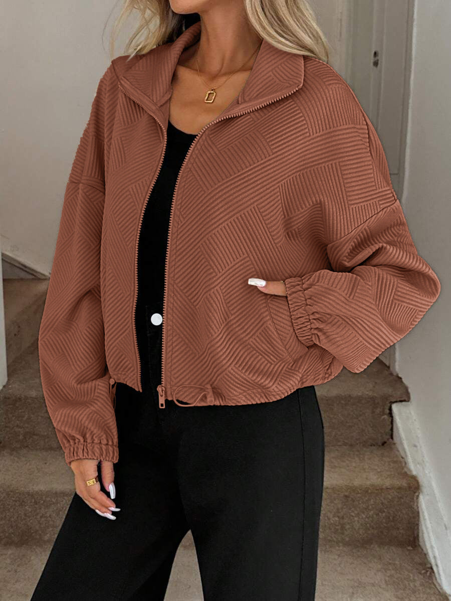 Chic Geometric Textured Zip Up Jacket