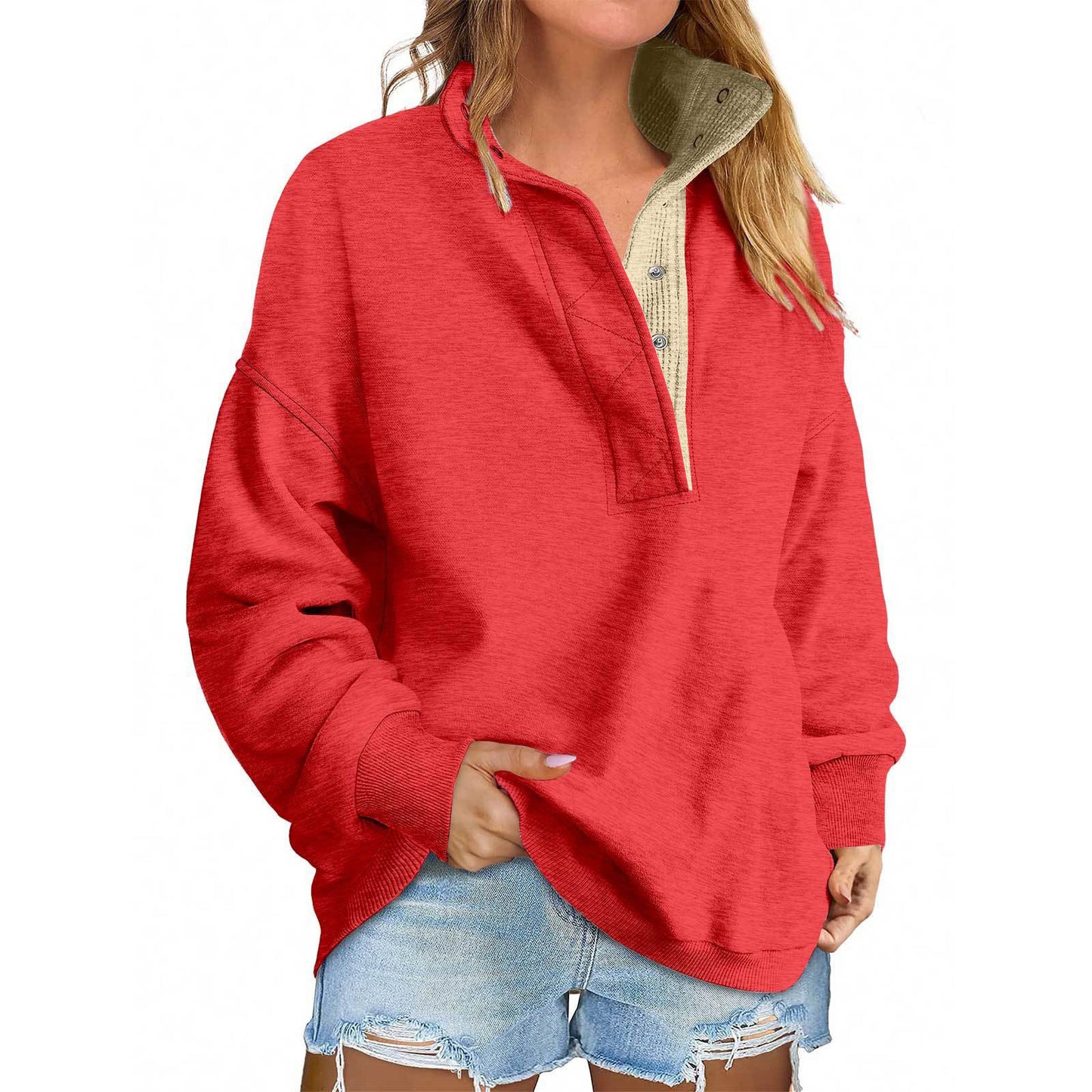 Solid Color New Loose Button Pullover Sweatshirt