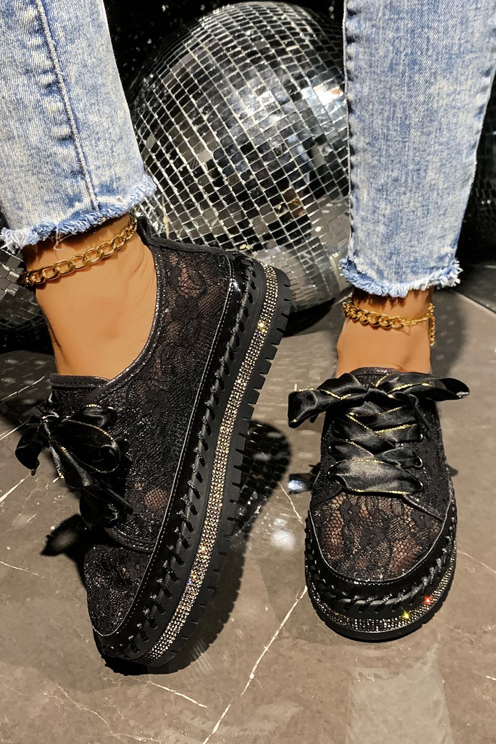 Ribbon Tie Stitch Detail Lace Flat Shoes